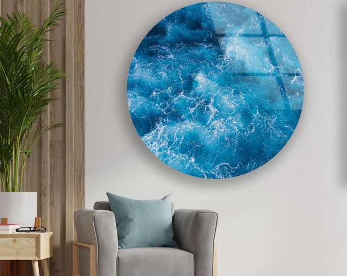 Tempered Glass Wall Art- Circle - UV Printing-Natural Pattern and Vivid Wall -Silver Alcohol ink Blue Abstract Wall Art-Glass Painting Art