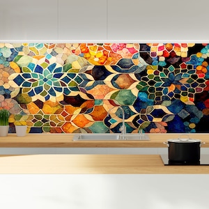 Blue Mosaic Backsplash Tile-Solid Tempered Glass Wall Protection-Kitchen Backsplash-Ethnic Moroccan Splashback-Bathroom Backsplash