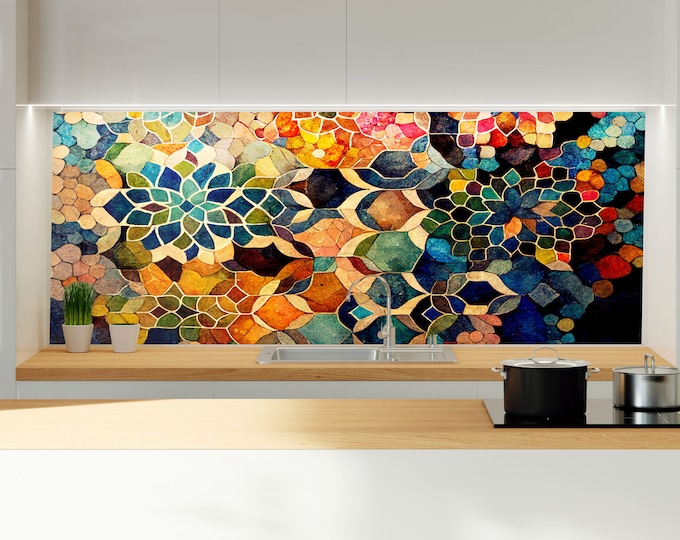 Blue Mosaic Backsplash Tile-Solid Tempered Glass Wall Protection-Kitchen Backsplash-Ethnic Moroccan Splashback-Bathroom Backsplash