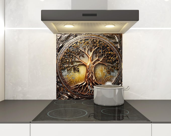Tempered Glass Backsplash-Life of Tree Backsplash Tiles-Metal Backsplash for Golden Splashback for Stove Back Cover-Backsplash Behind Stove