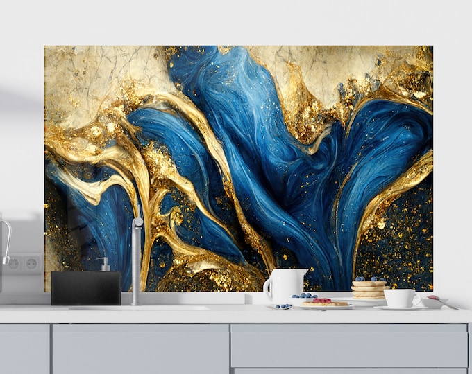 Backsplash Tile- AbstractTempered Glass Protection-Kitchen Backsplash-Splashback Kitchen Decoration-Bathroom Backsplash Gold Blue Wall Art