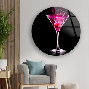 Modern Cocktail Glass Wall Art – Pink Splash Design on Tempered Glass | Bold Bar Decor, Kitchen Accent Panel, Gift for Drink Lovers
