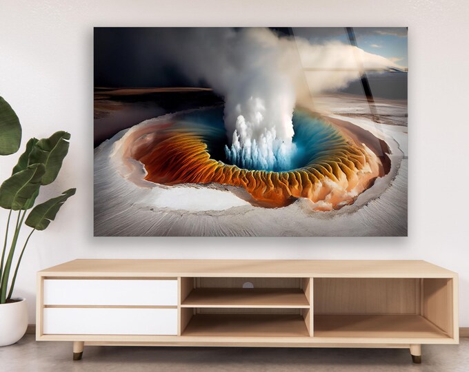 Geothermal Eruption Wall Art – Volcanic Steam Glass Panel with Earth Tones, Bold Natural Energy Print, Unique Sci-Fi Style Home Accent