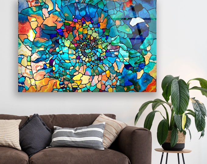 Glass Wall Art -Oversized office Wall Decor- Fractal Art Wall Hanging- Extra Large Wall Art - Tempered Glass -  Fractal - Stained