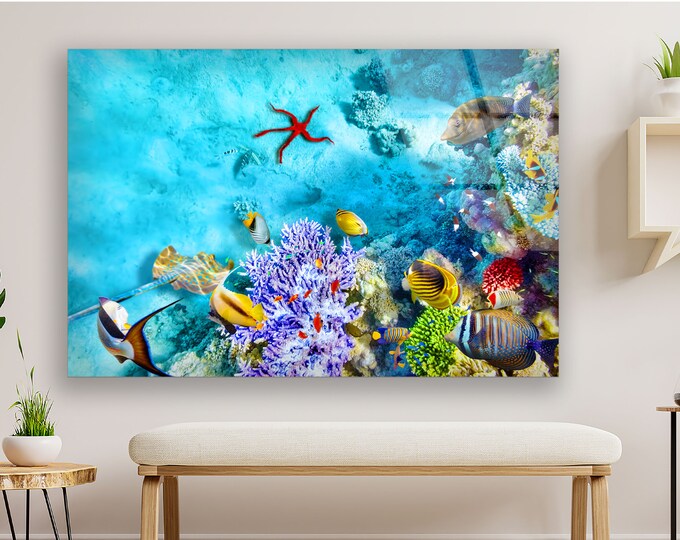 Tempered Glass Framed Wall Art--Wall Decor-Glass Printing-Glass Wall Art-Undersea Wall Art-Ocean Fish Wall Art-Aquarium Wall Art