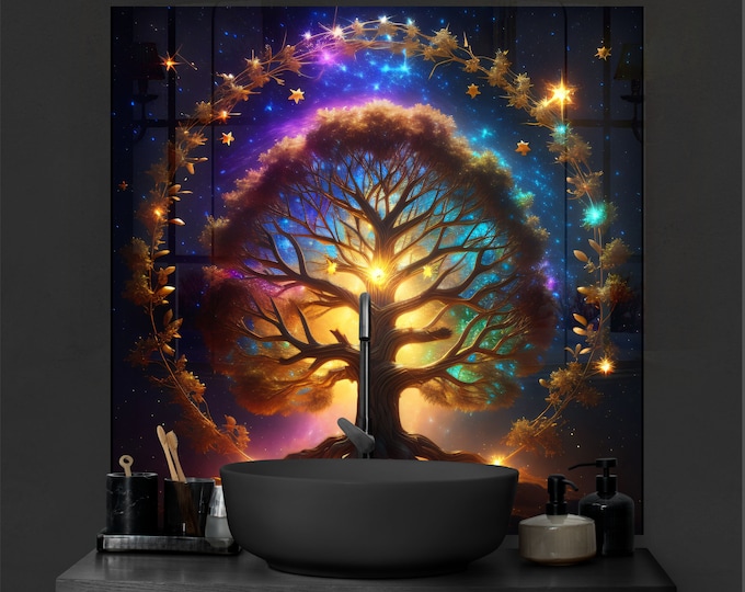 Tempered Glass Backsplash-Life of Tree Backsplash Tiles-Metal Backsplash for Golden Splashback for Stove Back Cover-Backsplash Behind Stove