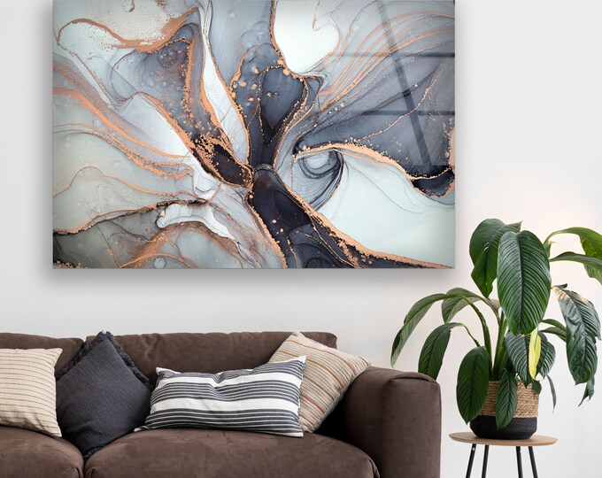 Tempered Glass Oversized Wall Art-Glass wall art UV printed-ation Accessories Hanging-Large Wall Decor-Black Abstract Wall Art