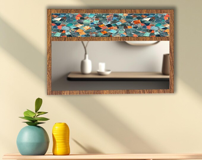 Colorful Mosaic Tempered Glass Wall Mirror | Decorative MDF Frame Mirror | Boho Modern Bathroom & Entryway Wall Decor | Ready to Hang