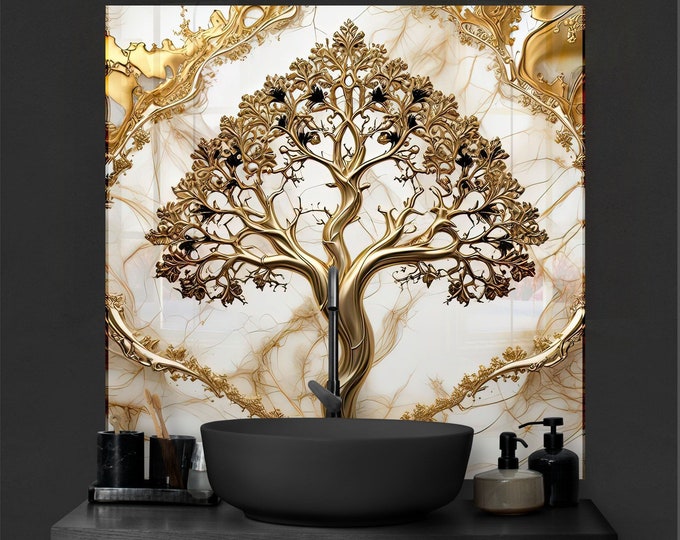Tempered Glass Backsplash-Life of Tree Backsplash Tiles-Metal Backsplash for Copper Splashback for Stove Back Cover-Backsplash Behind Stove