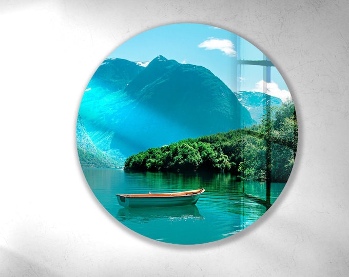 Tempered Glass Wall Art-Circle Wall Decor-Home Decor-Sea Landscape Wall Art-Sunset View Wall Art-Sailboat Wall Art Gifts for Her