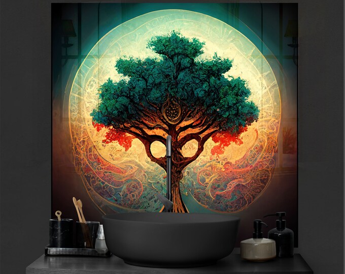 Tempered Glass Backsplash-Life of Tree Backsplash Tiles-Metal Backsplash for Golden Splashback for Stove Back Cover-Backsplash Behind Stove