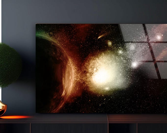 Supernova Glass Wall Art - Cosmic Explosion Scene with Planet and Stars - Deep Space Glass Panel for Gamer or Sci Fi Room Decor