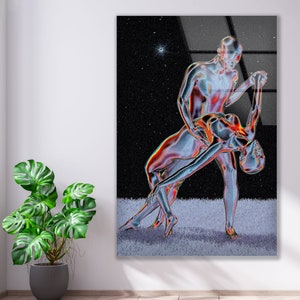 Futuristic Couple Abstract Wall Art – 4mm Tempered Glass UV Printed Metallic Design – Modern Love-Inspired Home Decor Panel image 1