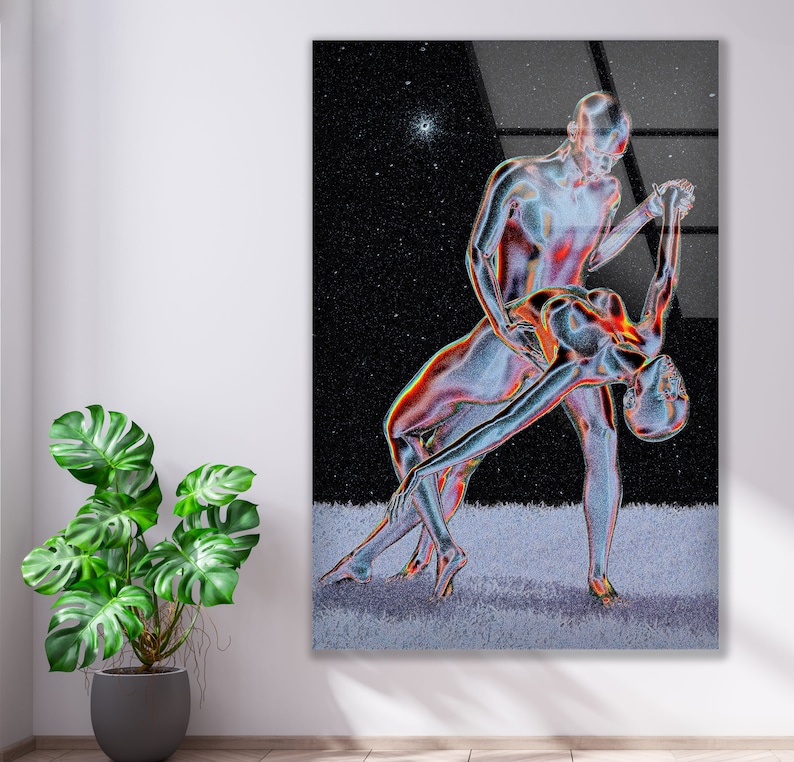 Futuristic Couple Abstract Wall Art – 4mm Tempered Glass UV Printed Metallic Design – Modern Love-Inspired Home Decor Panel image 1