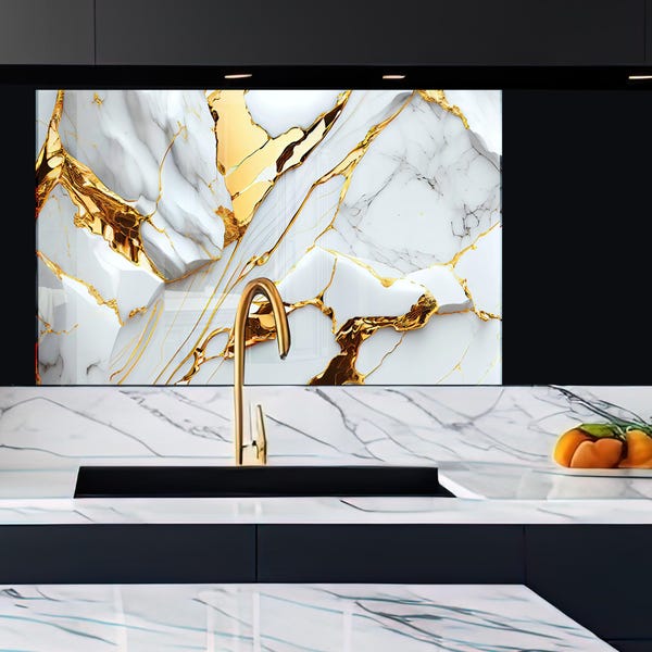 Tempered Glass Kitchen Splashback: Modern Marble Cooker Panel