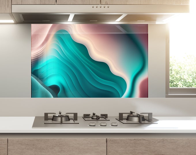 Backsplash Tile- AbstractTempered Glass Protection-Kitchen Backsplash-Splashback Kitchen Decoration-Bathroom Backsplash Gold Blue Wall Art