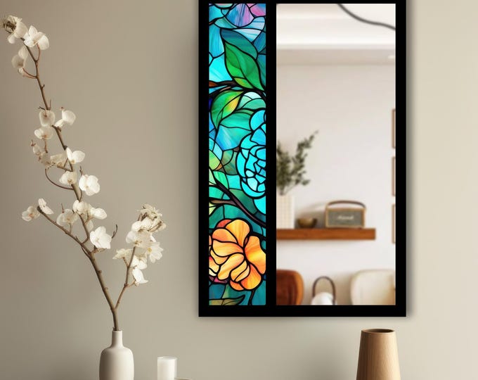 Stained Glass Floral Tempered Glass Wall Mirror | Decorative MDF Frame Mirror | Nature Inspired Bathroom & Entryway Decor | Ready to Hang
