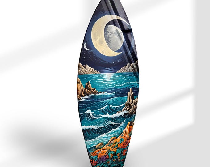 Glass Printing Wall Art-Large Wall Decor Living Room-UV Painted Glass Wall Art- Art- Moon Glass Printing-Moon Art Surfboard-