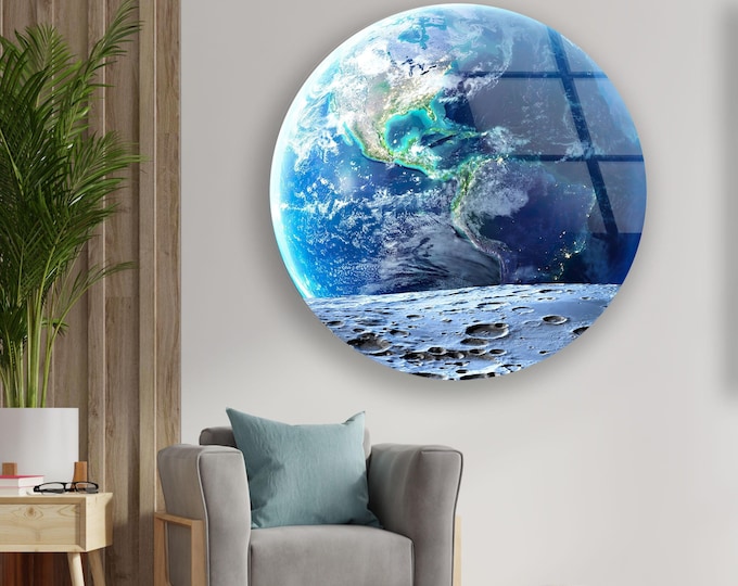 Tempered Glass Earth and Moon Wall Art – Round Space View Print From Lunar Surface – Futuristic Planet Poster On Glossy Tempered Glass Panel