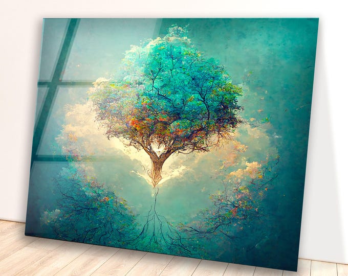 Tempered Glass Tree of Life Wall Art – Floating Abstract Fantasy Tree With Roots and Light – Spiritual Nature Decor On Glass Panel