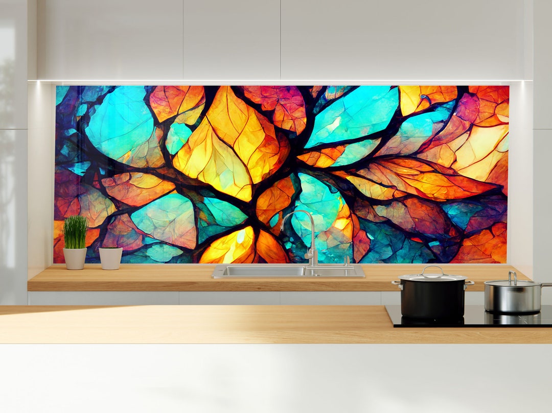 Abstract Backsplash Tilesolid Tempered Glass Wall Protectionkitchen