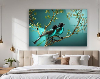 Turquoise Bird Tempered Glass Wall Art: Floral Decor