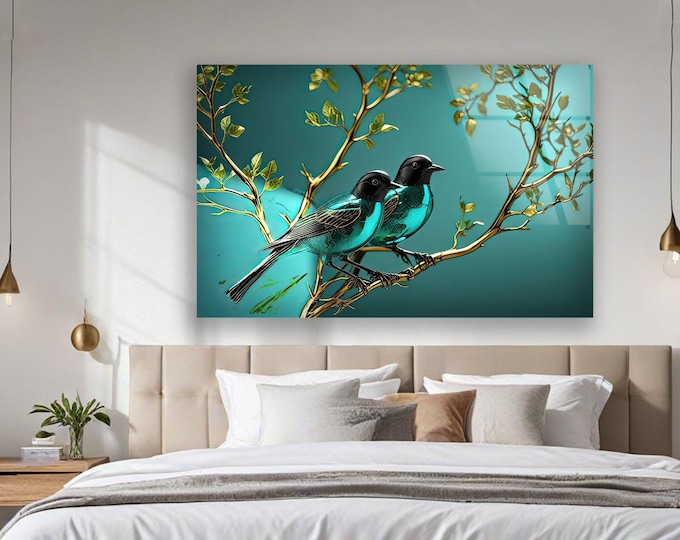 Tempered Glass Art-Glass Printing Art-Tempered Glass Wall Art-Glass Wall Decor-Floral Decor-Pink Spring Flower Wall Art- Bird and Flower Art