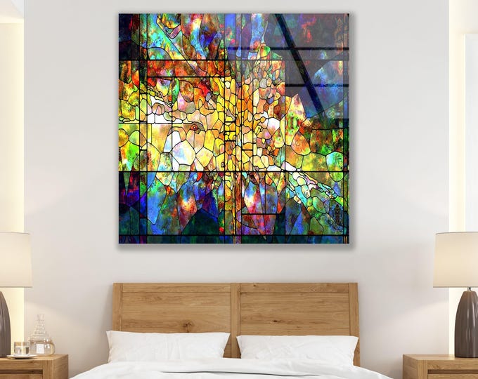 Stained Glass Mosaic Wall Art – Vibrant Abstract Panel with Sunburst Colors for Bold Home Accent, Spiritual Energy Decor or Artistic Gift