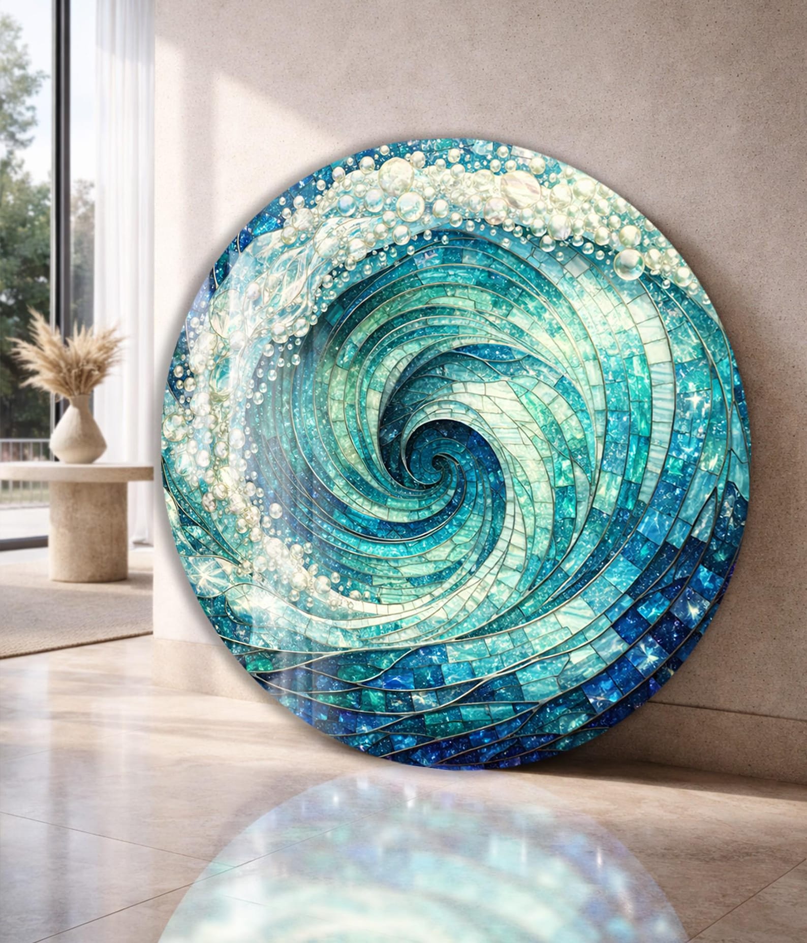 Round Glass Wall Art Ocean Spiral Design