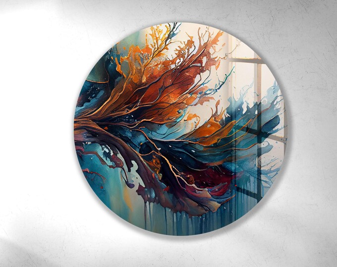 Round Abstract Glass Wall Art - Nature Inspired Flowing Tree Design in Fiery Blue and Copper Tones - Modern Circular Statement Panel