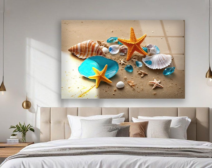 Tempered Glass Wall Art Sea Abstract Wall Decor-Home Decor-Glass Printing art-Star Fish Wall Art Gifts-Gold Marble Wall Art