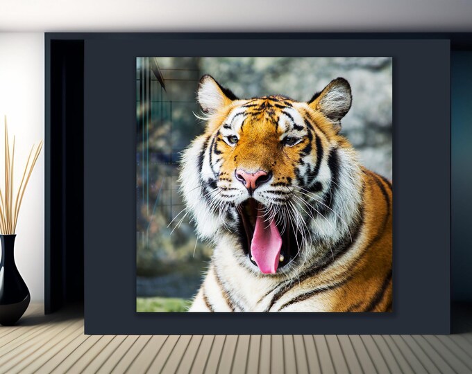 Roaring Tiger Glass Wall Art – Bold Wildlife Jungle Decor for Power-Lovers, Fierce Tiger Print in Crystal Detail, Animal Strength