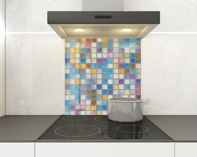 Blue Mosaic Backsplash Tile-Solid Tempered Glass Wall Protection-Kitchen Backsplash-Ethnic Moroccan Splashback-Bathroom Backsplash