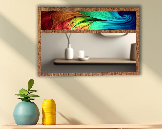 Colorful Abstract Tempered Glass Wall Mirror | Rainbow Swirl Design | Decorative MDF Frame | Modern Bathroom & Entryway Wall Decor