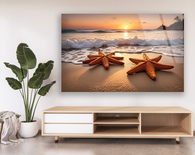 Tempered Glass Art-Glass Printing- Tropical Wall Art-Glass Wall Decor- Sunset Decor-Starfish View Wall Art-Under Sea Wall Decor