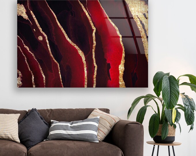 Tempered Glass Wall Art-Framed Wall Art-Large Wall Art for Living Room Decor-Glass Printing Wall Decor-Abstract Wall Art- BurgundyWall Art