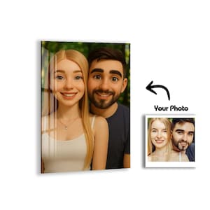 Retrato de caricatura personalizado en vidrio templado, arte mural de vidrio personalizado, regalo único para familia, pareja o bebé, impresión moderna sin marco.