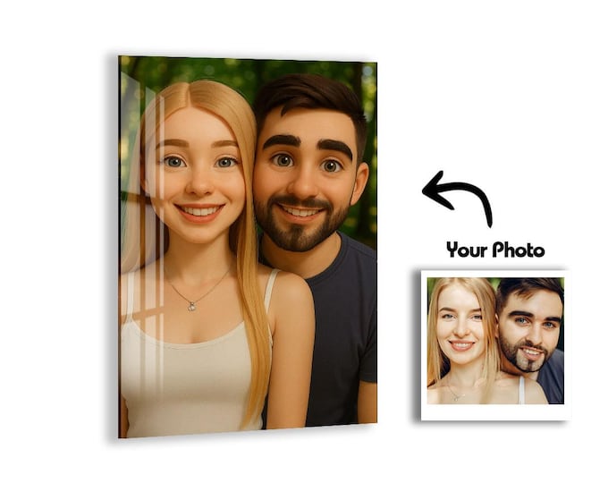 Custom Cartoon Portrait on Tempered Glass, Personalized Glass Wall Art, Unique Gift for Family, Couple or Baby, Modern Frameless Print