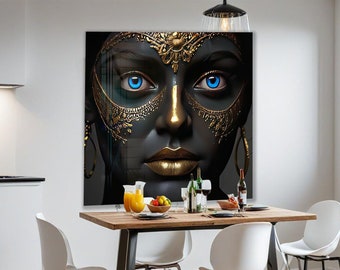 Tempered Glass Wall Art for Home Decor-Glass Printing Art-Tempered Glass Art-Glass Wall Decor-African Woman Wall art-Black Woman Silver Lips