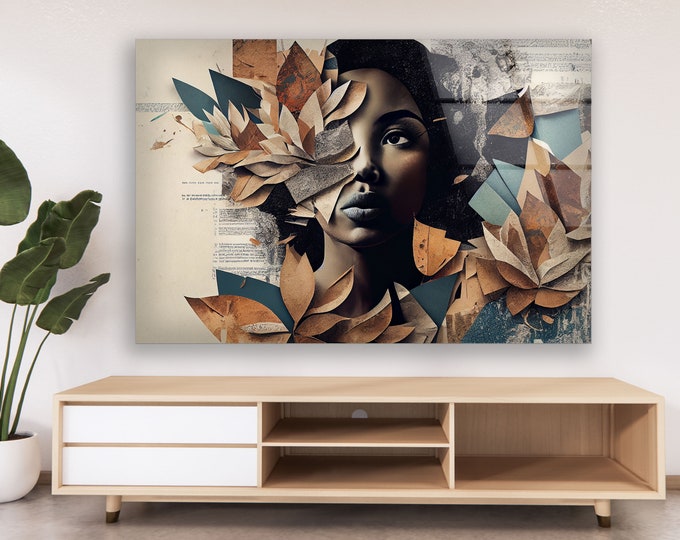 Tempered Glass Wall Art-African Woman Wall Art-Black Woman Wall Art-Gold Woman in Black Wall Art-Silver Woman Wall Art Gifts for Him