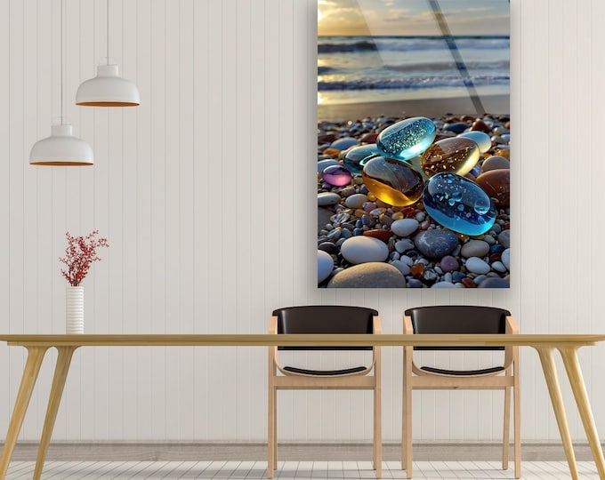 Tempered Glass Art-Glass Printing Art-Tempered Glass Wall Art-Glass Wall Decor-Home Decor-Blue Stained Decor-Beach Stones Wall Art