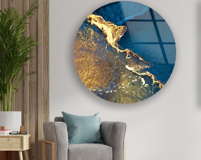 Tempered Glass Wall Art-Golden Abstract Wall Art-Mega Size Glass Wall Decor-Wall Hanging-Office Wall Decor-Blue Gold Marble Wall Art