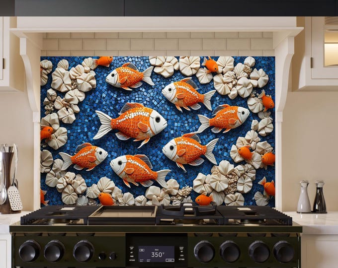 Tempered Glass Backsplash Mosaic Koi Fish Backsplash for Kitchen Splashback Stove Back Cover-Sink Splashback -Mosaic Tile-Fish Wall Decor