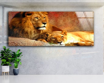 Tempered Panoramic Glass Wall Art--Wall Hanging-Large Wall Art-Glass Printing-Glass Wall Art-Lion Wall Art-Safari Animal Wall Decor