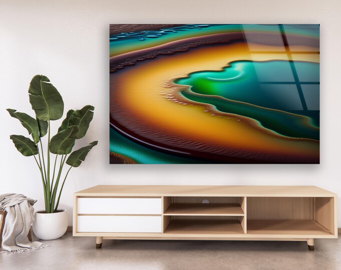 Abstract Glass Ocean Wall Art – Layered Lagoon Color Flow in Deep Emerald and Amber, Modern Coastal Style Print for Bold Nature-