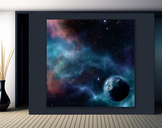 Deep Space Planet Glass Wall Art - Cosmic Galaxy View with Nebula Stars and Blue Earth Scene - Sci Fi Decor for Gamer or Loft Room