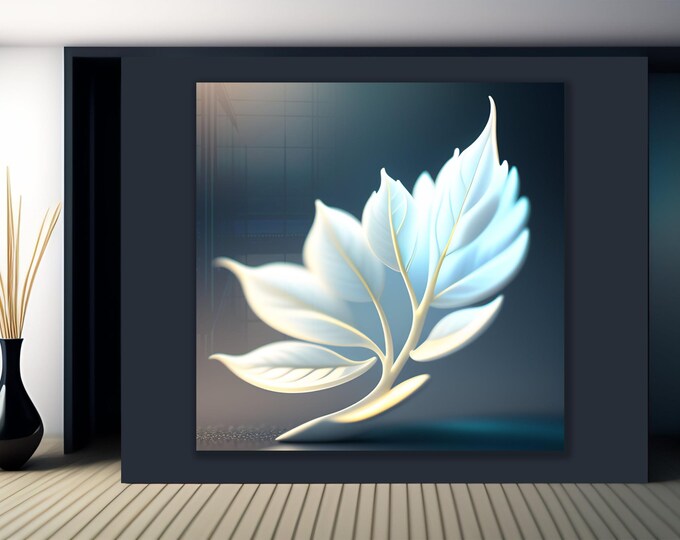 Minimalist Leaf Wall Art – Frosted Blue Botanical Glass Panel with Sculptural Design for Modern Calm Decor, Zen Bedroom or Office Accent