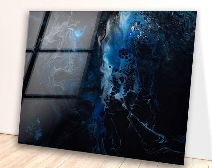 Abstract Midnight Blue Tempered Glass Wall Art – Modern Fluid Ink Canvas Look for Elegant Home Interiors, Cosmic Gift for Art Lovers