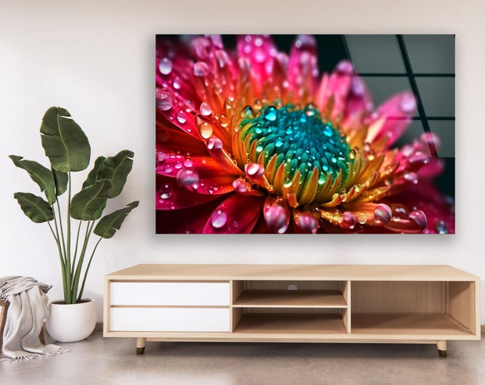 Macro Floral Glass Wall Art - Hyper Realistic Colorful Flower With Water Droplets - Nature Inspired Decor for Living Room or Bedroom