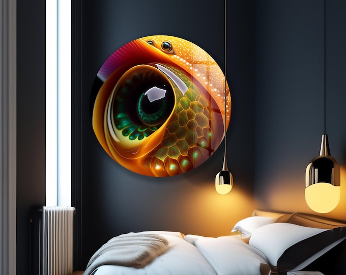 Futuristic Glass Reptile Eye Wall Art – Neon Lizard Skin Pattern Round Panel, Sci Fi Fantasy Decor for Gamers, Collectors or Bold Interiors